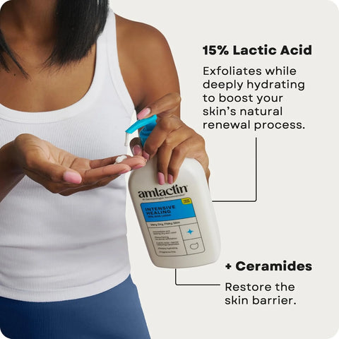 AmLactin Intensive Healing Body Lotion for Dry Skin - 14.1 oz and 7.9 oz Pump Bottles - 2-in-1 Exfoliator & Moisturizer with Ceramides & 15% Lactic Acid