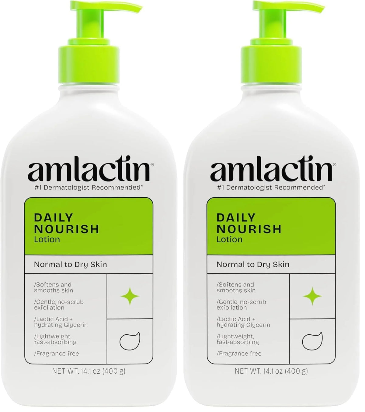 AmLactin Daily Nourish Therapeutic Body Lotion for Dry Skin - No-Scrub Exfoliator and Moisturizer 12% Lactic Acid Lotion,14.1 oz (Packaging May Vary),(Pack of 2)