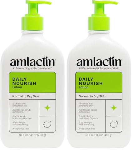 AmLactin Daily Nourish Therapeutic Body Lotion for Dry Skin - No-Scrub Exfoliator and Moisturizer 12% Lactic Acid Lotion,14.1 oz (Packaging May Vary),(Pack of 2)
