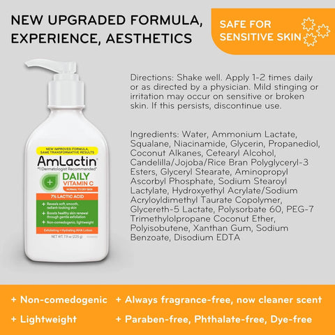 AmLactin Daily Vitamin C Lotion – Brightening Body Lotion for Dry Skin - No-Scrub Exfoliator and Moisturizer with 7% Lactic Acid AHA and Vitamin C, 7.9 oz (Packaging May Vary)